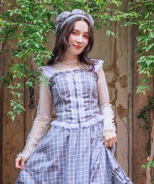 チェックレースフリルビスチェ