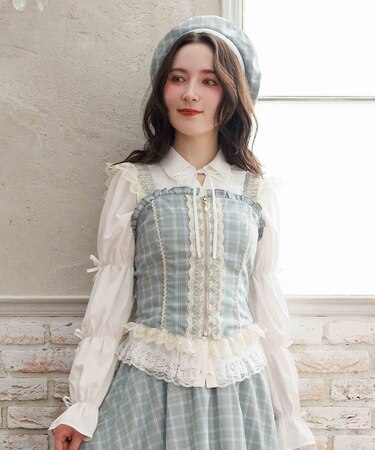 チェックレースフリルビスチェ