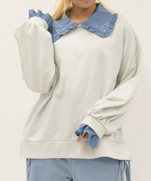 デニム襟ラメ裏毛トレーナー