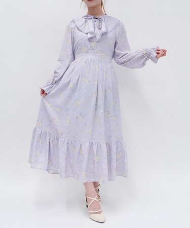 ミモザ×ラベンダー柄ワンピース