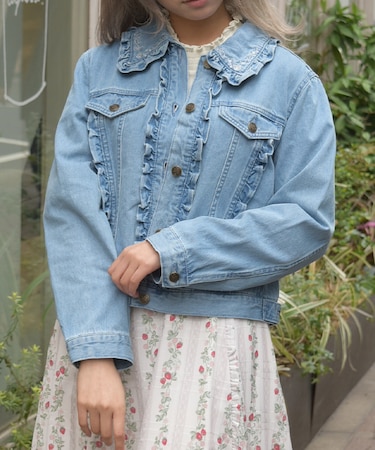 ローズ刺繍フリルデニムジャケット