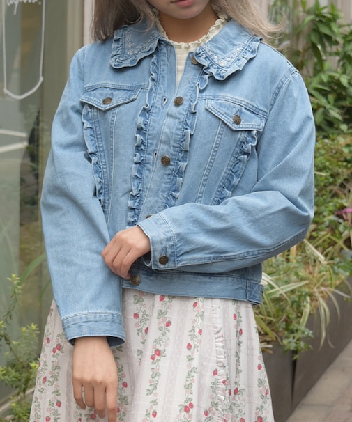 ローズ刺繍フリルデニムジャケット