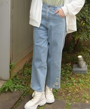 フラワー刺繍裏ゴムデニムパンツ