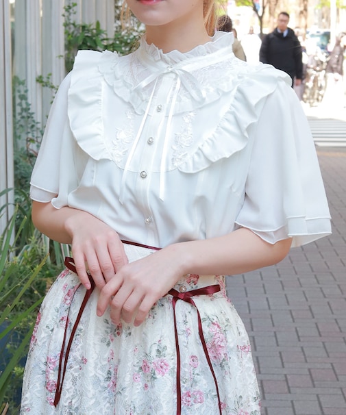 レース切替フリルスタンドブラウス