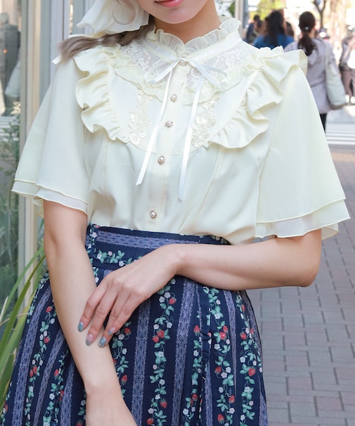 レース切替フリルスタンドブラウス