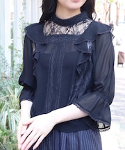 レース×シフォン七分袖ブラウス