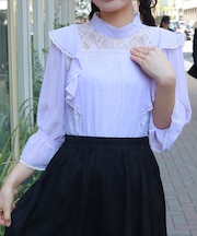 レース×シフォン七分袖ブラウス