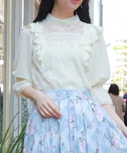レース×シフォン七分袖ブラウス