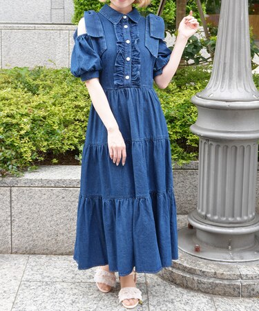 リボンショルダーデニムワンピース