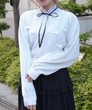 リボン付き透かし編みカーデ