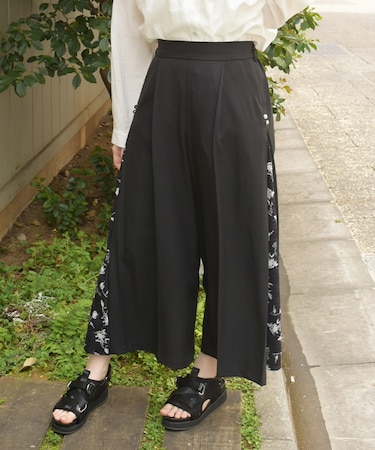 サイド花柄切替ワイドパンツ