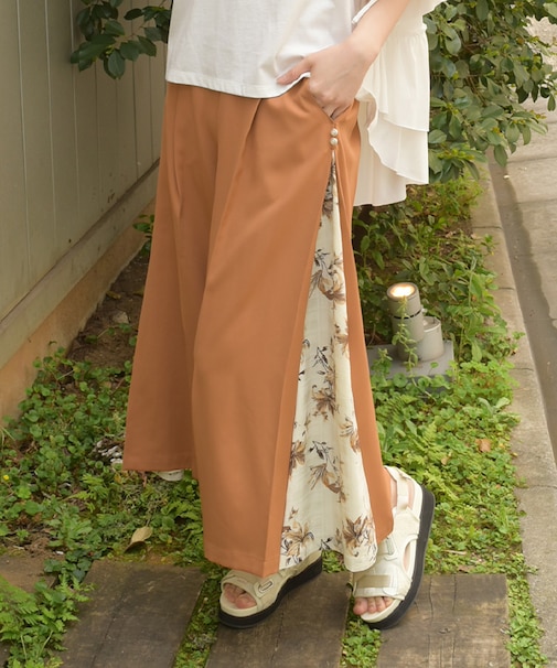サイド花柄切替ワイドパンツ