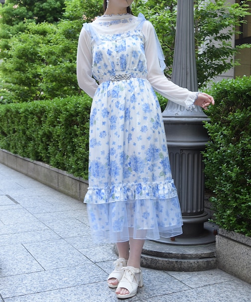 紫陽花柄ショルダーリボンワンピース