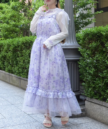 紫陽花柄ショルダーリボンワンピース