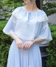 配色レース楊柳フリルブラウス