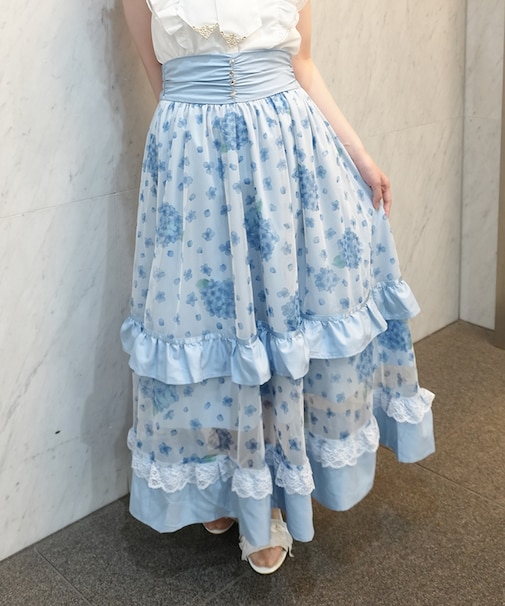 紫陽花柄プリントチュールスカート