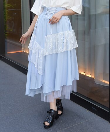レースアップ異素材ロングスカート