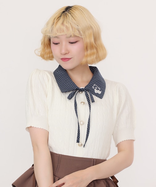 うさぎ刺繍襟付きニットプルオーバー