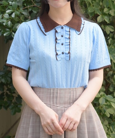 バイカラーフリルニットポロ