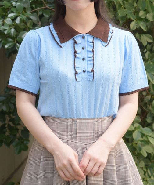 バイカラーフリルニットポロ
