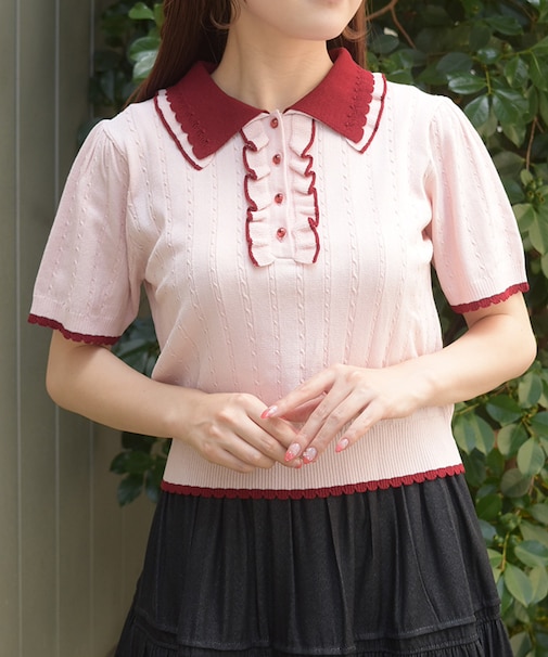 バイカラーフリルニットポロ