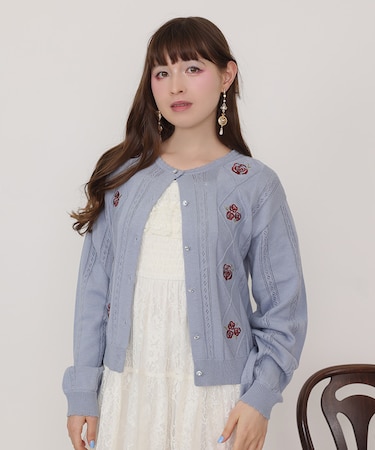 バラ刺繍ダイヤ柄ニットカーディガン