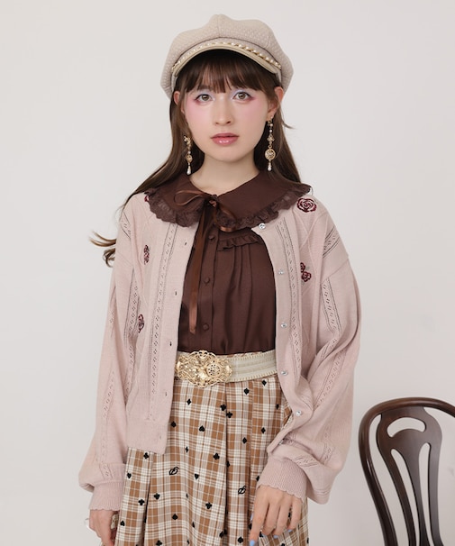 バラ刺繍ダイヤ柄ニットカーディガン
