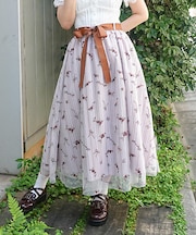 刺繍チュールストライプ柄スカート