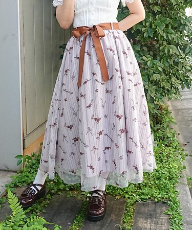 刺繍チュールストライプ柄スカート