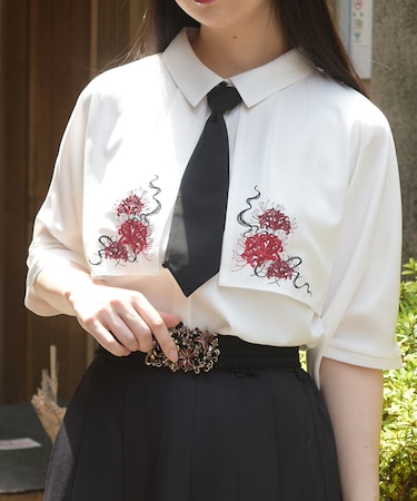 彼岸花刺繍ネクタイブラウス