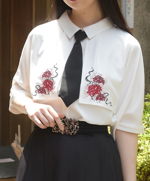 彼岸花刺繍ネクタイブラウス