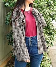 フード付シアーチェックシャツ