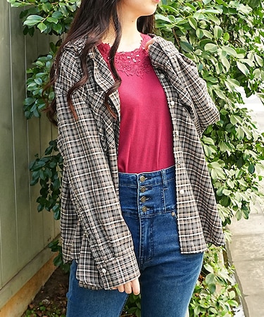 フード付シアーチェックシャツ