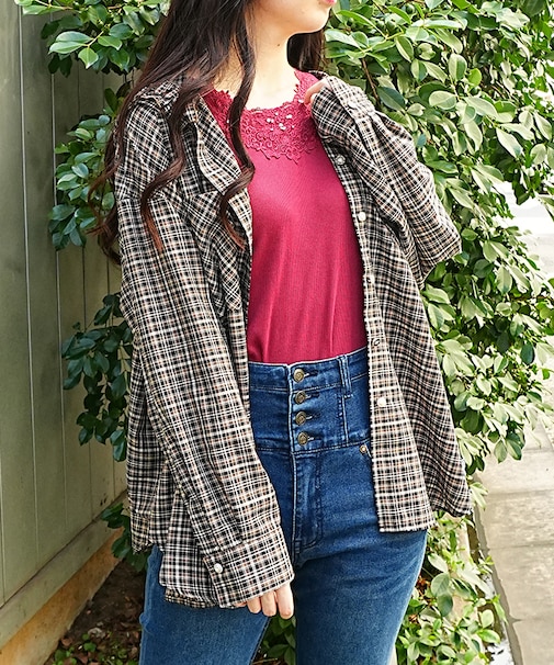 フード付シアーチェックシャツ