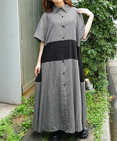 配色ロングシャツワンピース
