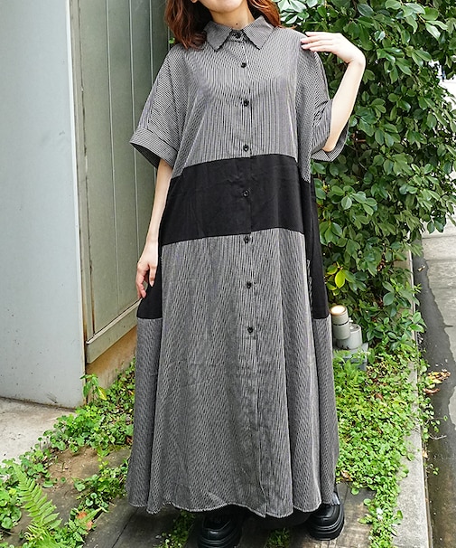 配色ロングシャツワンピース