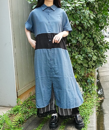 配色ロングシャツワンピース