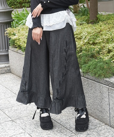 レースアップフレアデニムパンツ