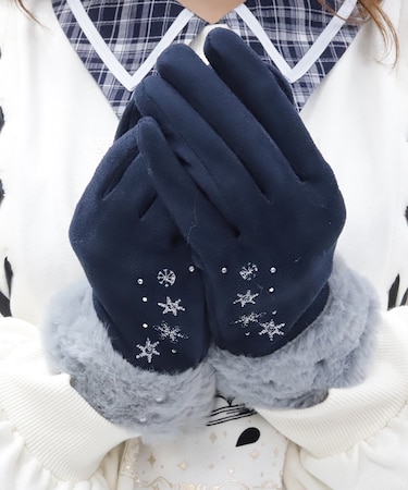 雪刺繍スエードファー手袋