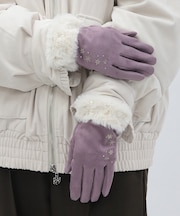 雪刺繍スエードファー手袋