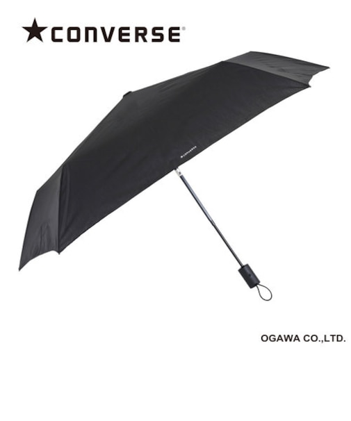CONVERSE 自動開閉式折りたたみ傘 レディース メンズ 軽量 187g スリム 55cm 5本骨 ワンタッチ自動開閉 途中で飛び出さない安全装置付 はっ水 ブラック ファスナーブランドロゴ 20213