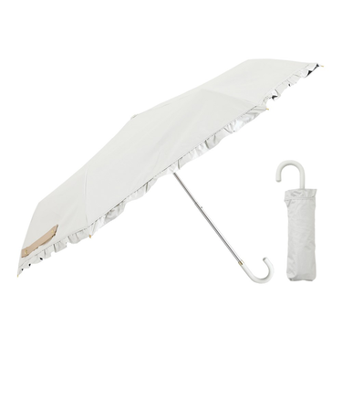 折りたたみ傘 晴雨兼用 LINEDROPS 50cm 手開き式 UVカット 遮光率99％以上 グログランリボン フリル シンプル 無地 レディース ホワイト 57439