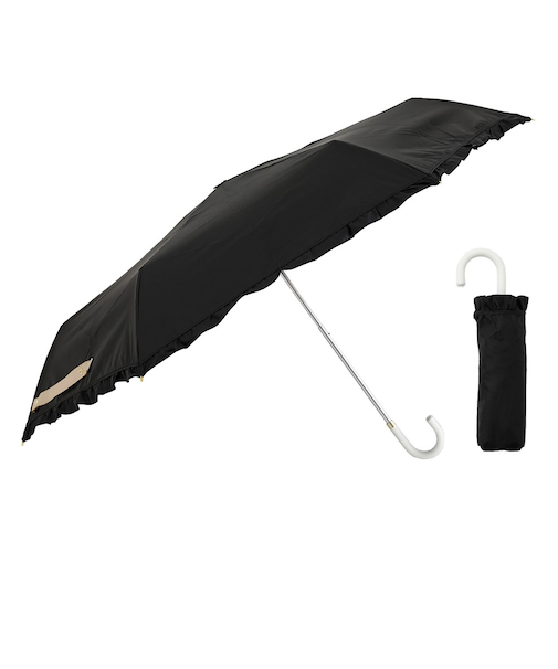 折りたたみ傘 晴雨兼用 LINEDROPS 50cm 手開き式 UVカット 遮光率99％以上 グログランリボン フリル シンプル 無地 レディース ブラック 57440