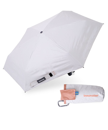 折りたたみ傘 晴雨兼用 innovator 53cm 手開き式 UVカット率100％ 遮光率100％ 遮熱効果 はっ水加工 コンパクト カラビナ付き バックルパーツ付き ホワイト×オレンジ 18775