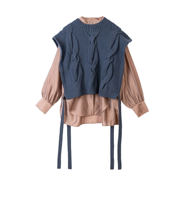 【当該商品送料無料】MIND 手編みニットベストセット 通販 ブラウス ニットベスト セット 長袖 シャツ バンドカラー レディース