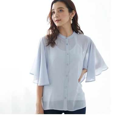 【当該商品送料無料】シフォン ブラウス 袖フレア レディ－ス 通販 前開きブラウス カジュアルブラウス レディ－スブラウス シアー フレア 春 夏