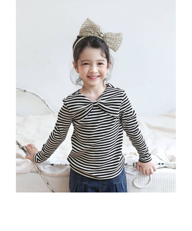 【当該商品送料無料】女の子 キッズ 長袖 Tシャツ 通販 ロンT 53062202 長袖Tシャツ カットソー リボン ボーダー おしゃれ かわいい