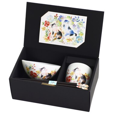 【当商品送料無料】茶碗 セット 通販 日本製 飯碗 湯呑み お茶碗 お箸 ご飯茶碗 箸付き 箸 和食器 食器 セラミック藍 花猫 ネコ ねこ ギフト