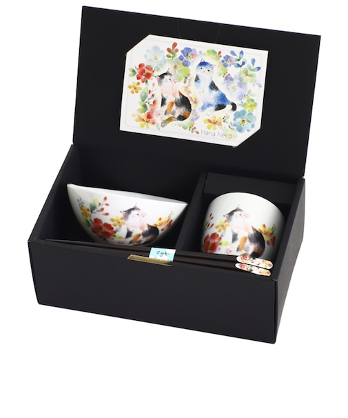 【当商品送料無料】茶碗 セット 通販 日本製 飯碗 湯呑み お茶碗 お箸 ご飯茶碗 箸付き 箸 和食器 食器 セラミック藍 花猫 ネコ ねこ ギフト