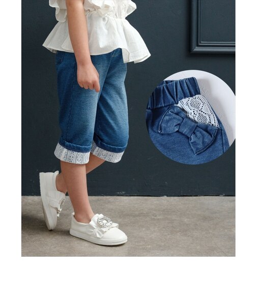 【当商品送料無料】Rora デニムパンツ 通販 ローラ ラピス ジーンズ パンツ ロールアップデニム キッズ 女の子 レース リボン 春夏 春秋